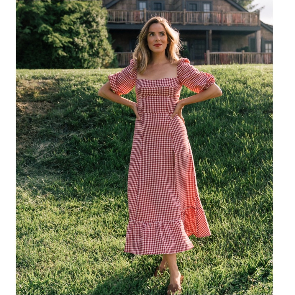 REFORMATION Red Gingham Check Puff Sleeve Cottagecore Linen Belgium Midi Dress - Picture 5 of 16